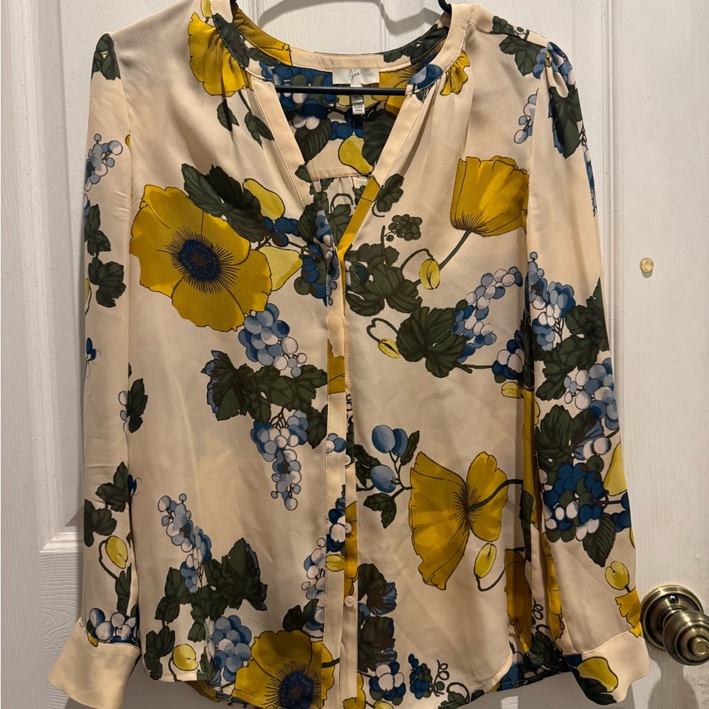 Silk Floral Print Women's Top - Cream, Yellow, Blue